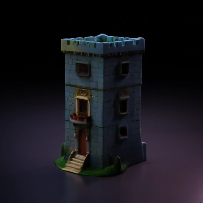 Medieval stone tower with windows and entrance.