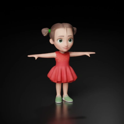 Young girl character in a red dress, T-pose for animation.