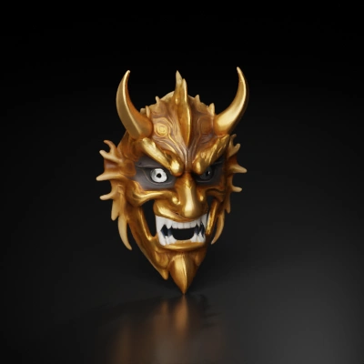 Demon mask with intricate design, horns, fierce expression.