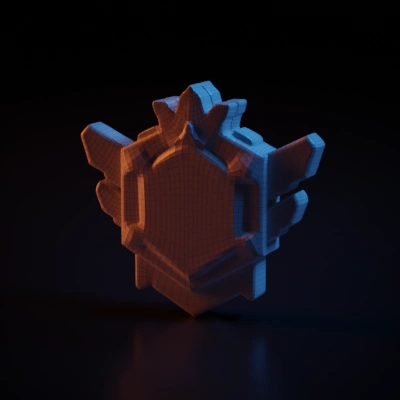 Gorilla-themed emblem, crown, geometric shapes, digital.
