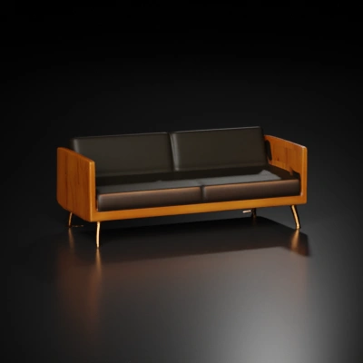 Modern minimalist sofa design, wooden frame, leather cushions.