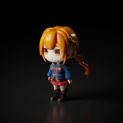 Chibi-style figure in detailed outfit, large eyes, twin ponytails.