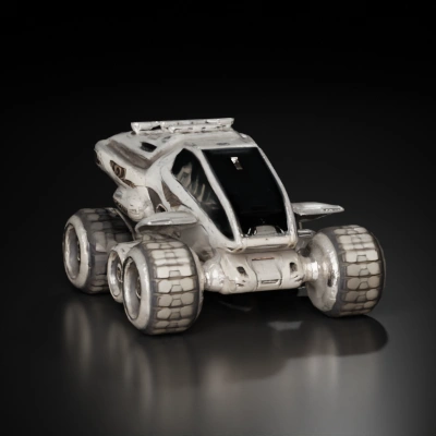 Futuristic all-terrain vehicle, sci-fi design, multiple wheels.