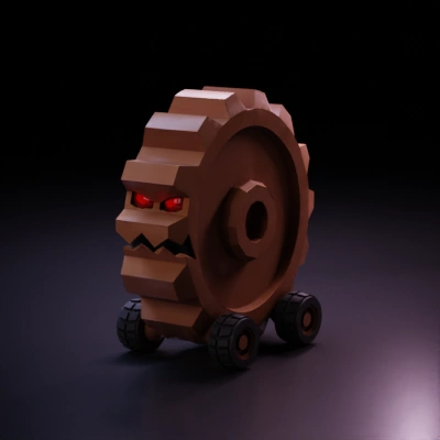 Evil animated gear with wheels and red eyes.