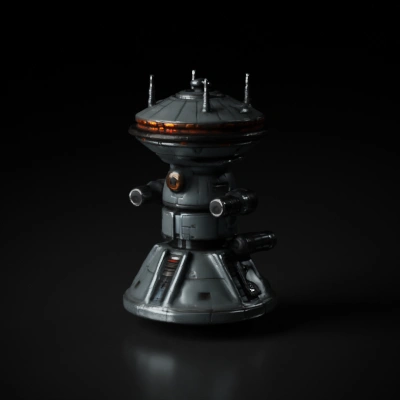 Spaceship turret, cylindrical with multiple barrels and sensors.