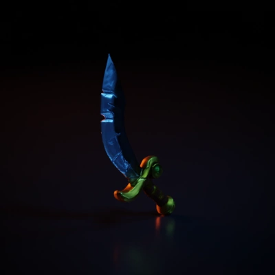 Curved sword, ornate hilt with a green gem.