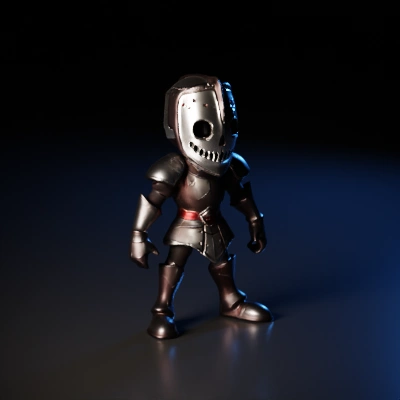 Skeleton knight in medieval armor, menacing smiley face helmet. metal armor, porcelain mask.