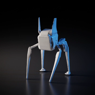Quadruped robot with antennae, mechanical design. symmetric geometry. sharp edges. simple geometry. game-ready.