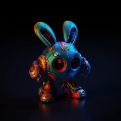 Robot bunny with round body, large feet, cybernetic details.