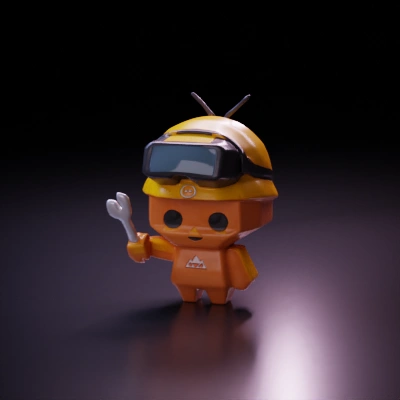 Robot worker holding wrench, cartoon-style, safety gear.