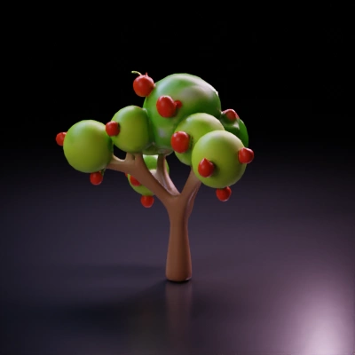 Cartoon tree with cartoon apples, round foliage.