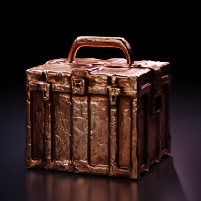 Worn metallic storage crate, rugged design.