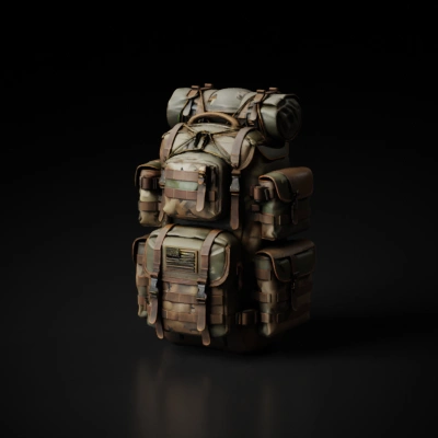 Highly detailed, photorealistic PBR material, severe wear, rusty military canvas, faded camouflage, dirty leather straps, metal buckles with corrosion, 4K resolution
