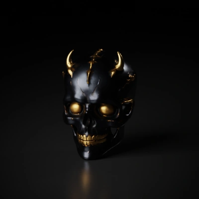 Demonic skull with golden spikes and glowing eyes.