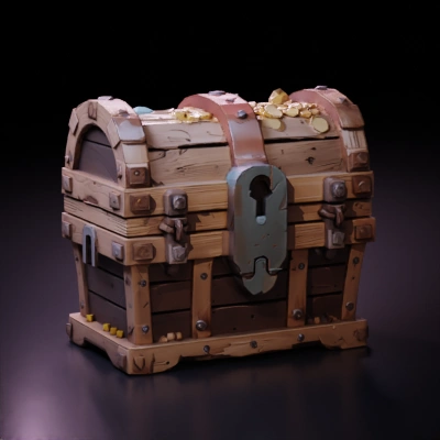 Wooden treasure chest with gold coins.