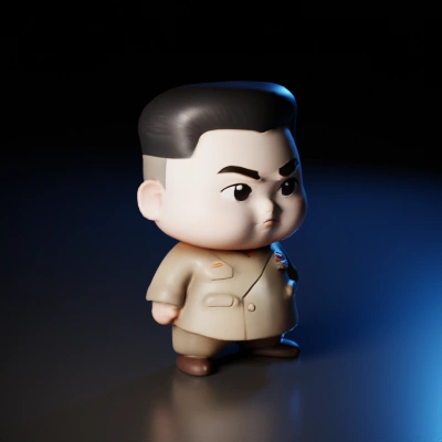 Chibi-style figure, short stature, serious expression, military uniform.