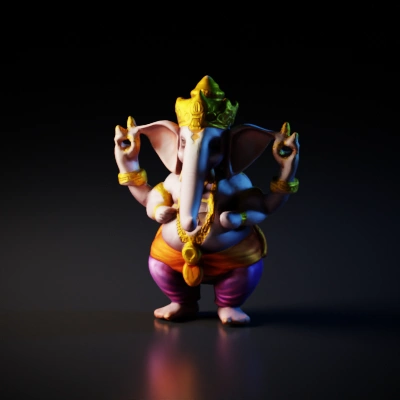 lord ganesh, purple skin, wrinkled, very old, elephant head, human body, big ears, fat, giant, 4 hands, orange dhoti, levitating, golden crown