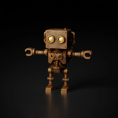 A rusty robot with glowing eyes.