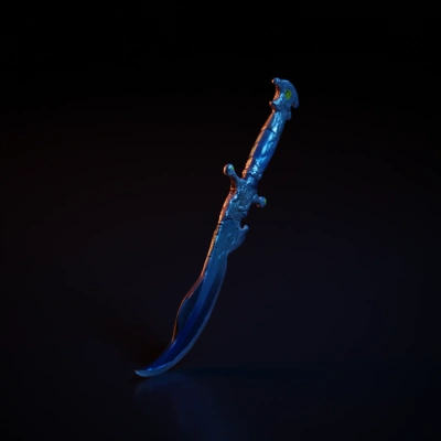 Curved fantasy sword with intricate handle, blue blade.