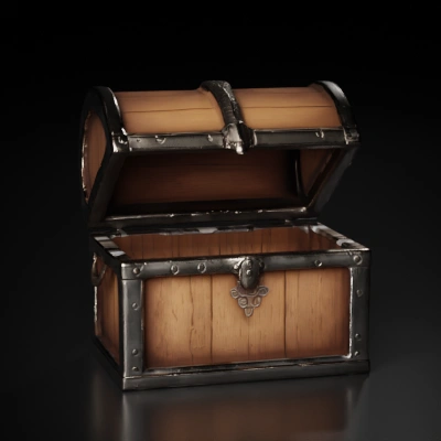 Treasure chest, open, metal reinforcements, wooden body.