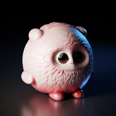 Fluffy round creature with big eyes.