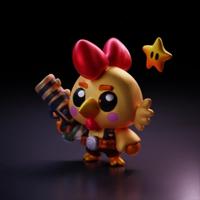 Chicken with a large weapon, big expressive eyes.