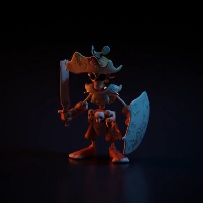 Skeleton warrior with hat, sword and shield.
