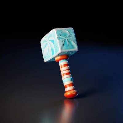 Cartoonish hammer with patterned head, candy-striped handle.