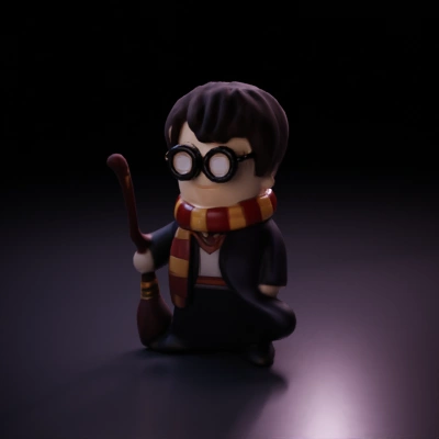 Chibi-styled wizard character, holding broom, scarf, glasses.