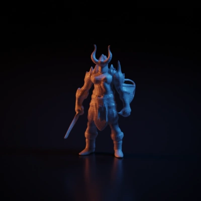 Horned warrior with armor and weapon. character, complex geometry, sharp edges