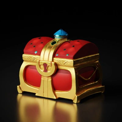 Treasure chest adorned with gems and luxurious cushion.