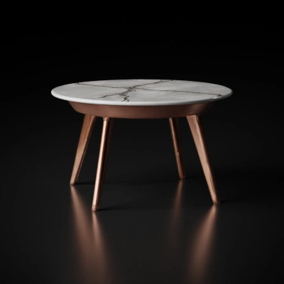 Round table, sleek modern design with wooden legs.