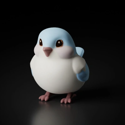 Cute cartoon bird character, large eyes, small beak. Painted style material