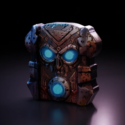 Ancient stone artifact with glowing eyes and skull design.