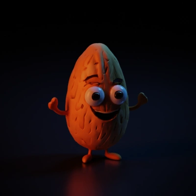 Happy almond with arms and legs, cartoon character.