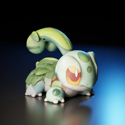 Chameleon-like cartoon creature with leafy appendages.
