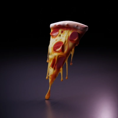 Pizza slice with melted cheese, pepperoni, drips.