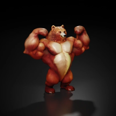 Muscle-bound anthropomorphic bear, flexing arms.