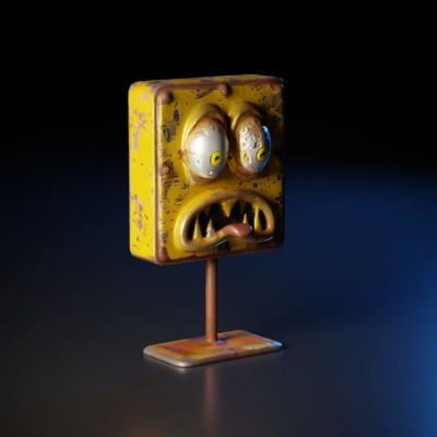 Rusty metal monster face on a stand.