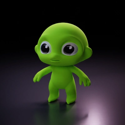 Cute cartoon alien character with big eyes, childlike proportions.