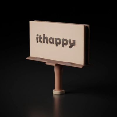 Billboard with text "ithappy", mounted on pole.