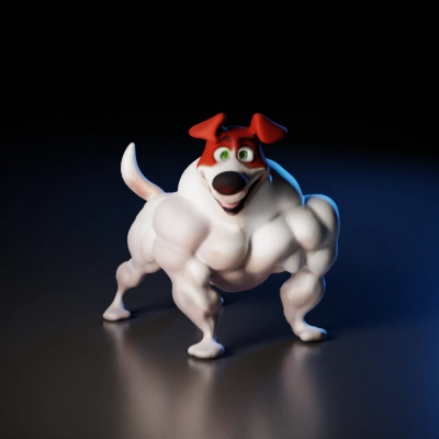 Muscle-bound cartoon dog, smiling character.