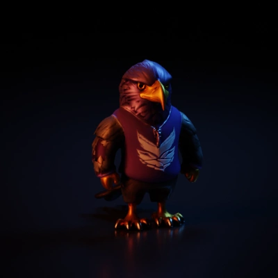 Anthropomorphic eagle wearing a sports jersey, standing upright.