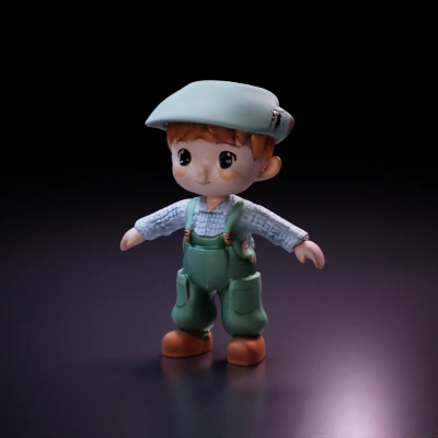 Cartoonish boy with a hat, wearing overalls.