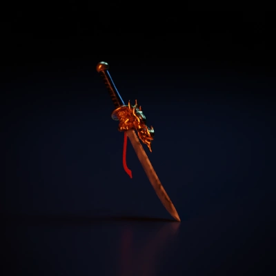 Intricate sword with dragon handle, ornate design. blade inscripted with word "fight" in japanese