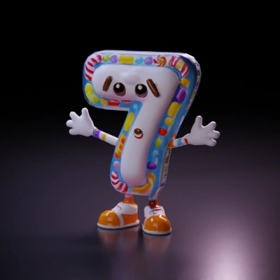 Cartoon number seven character with limbs, candies, sneakers.