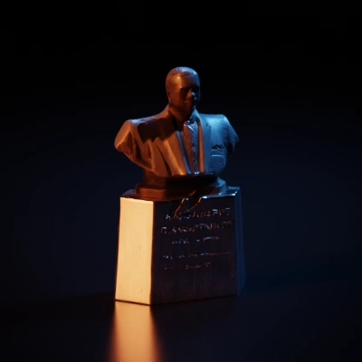 Bust of a man in suit, realistic detail, Greek text present.