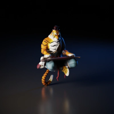 Tiger warrior meditating on a rock, wearing traditional attire.