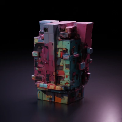 Cyberpunk building, densely packed with details, old and new.