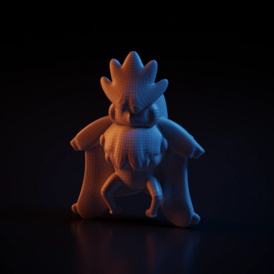 Animated penguin-like creature, cape, stern expression. character, smooth edges, symmetric geometry